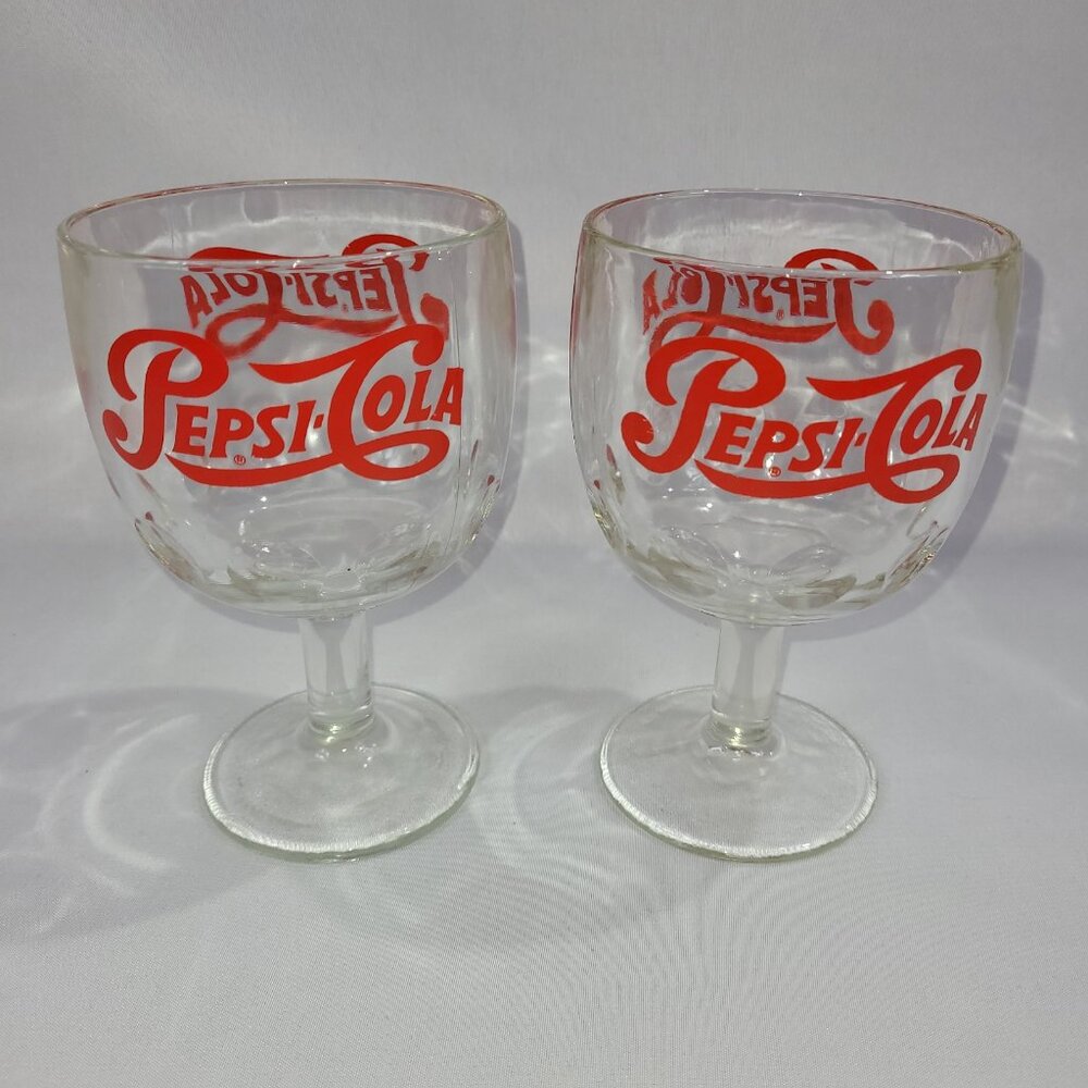Pepsi-Cola Vintage Glass Goblet 2 Set 6.25" Soda Pop 1970s Carnival Glasses Mugs